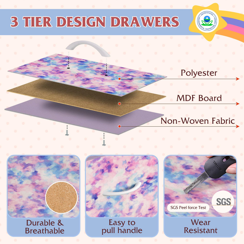 Dresser TV Stand with LED Lights & Outlets, 9 Fabric Drawers, Tie-dye