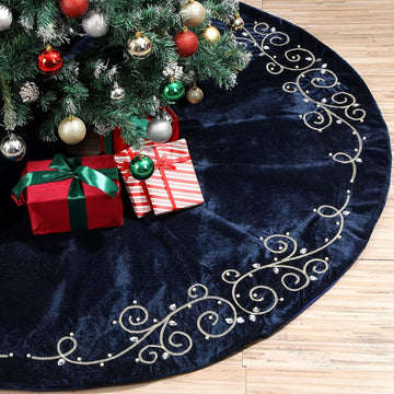 60inch Extra Large Christmas Tree Skirt Navy Blue Luxury Velvet Plush Fur Skirts Baroque Tree Skirts with Gold