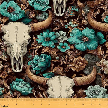 Bull Skull Boho Flowers Teal Blue Fabric by The Yard 3 Yards