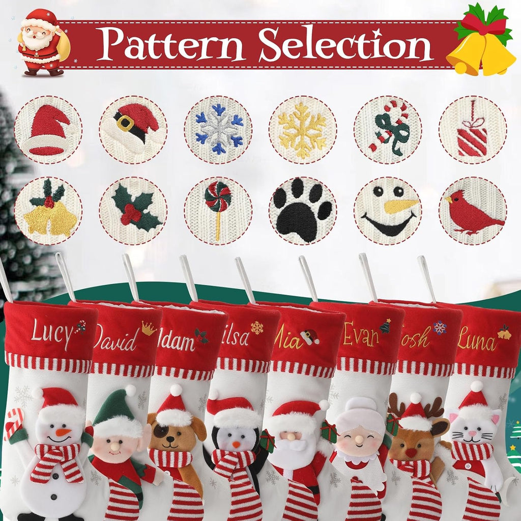 Christmas Family Stockings with Embroidery Names, 3D Xmas Characters Santa,Snowman,Reindeer & Penguin , Fireplace
