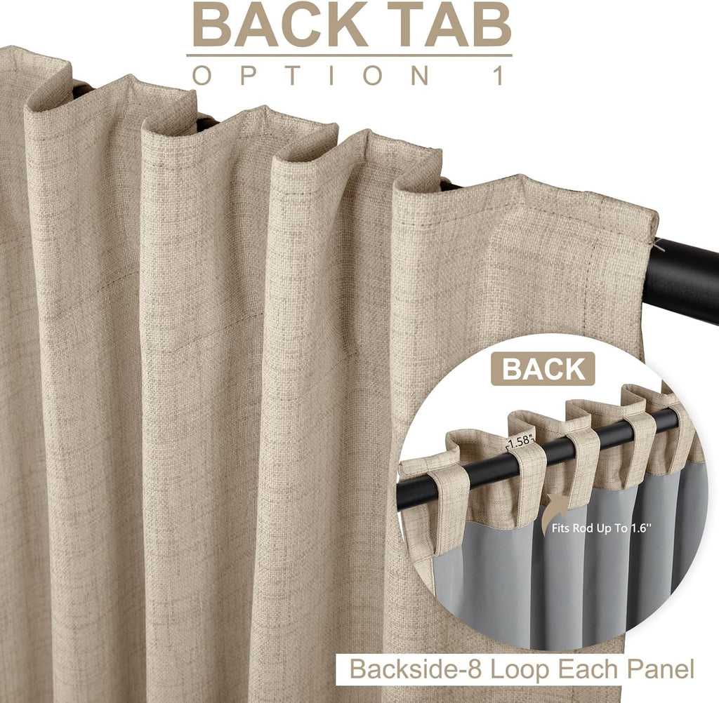 Linen Blackout Curtains for Bedroom 96 Inches Long, Back Tab/Rod Pocket Living Room Drapes, Thermal Insulated