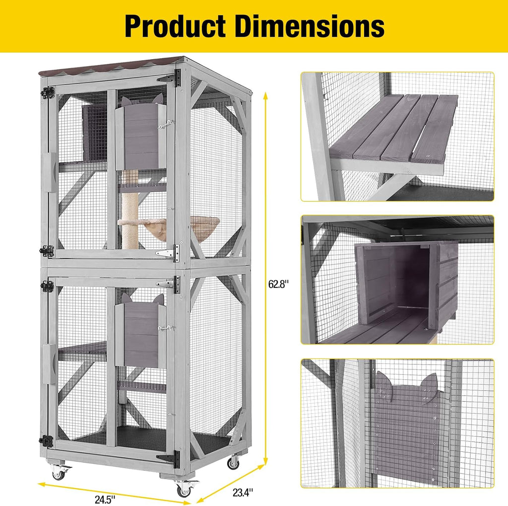 Catio Outdoor Cat Enclosure Wooden Cat Cage with Window Access Large Kitty House on Wheels 62.4'' Indoor Patio