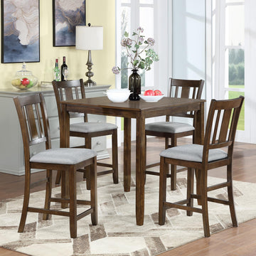 5-Piece Counter Height Dining Table Set with Square Table and 4 Upholstered Slatted Backrset Chair, for 4 Person