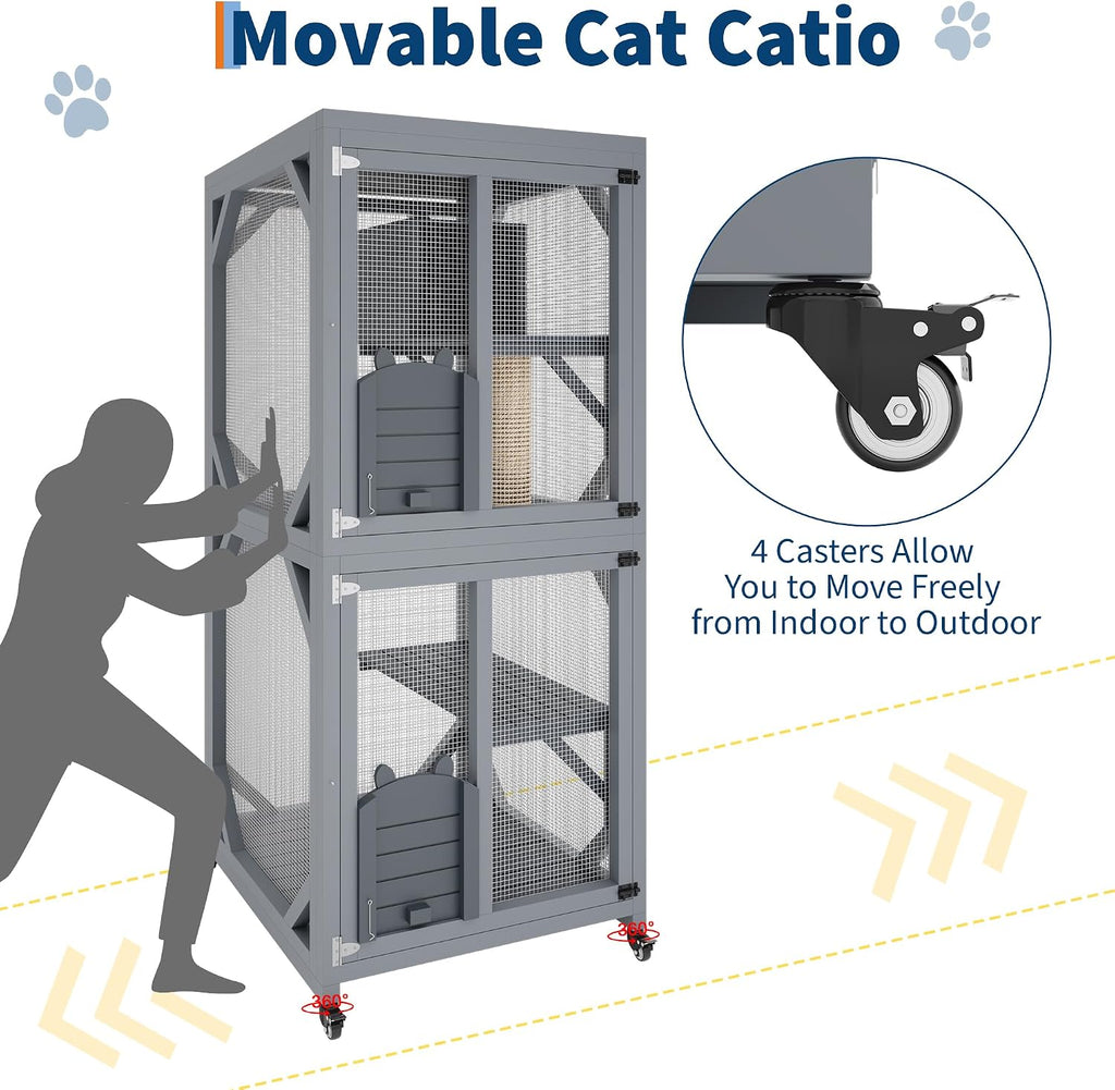 Outdoor Rolling Catio Cat Enclosure, 4-Tier Wooden Cat Cage
