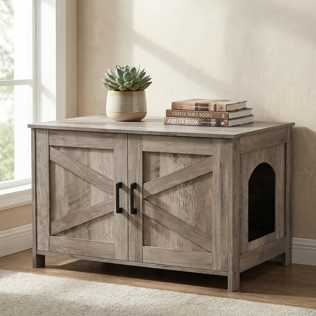 31.5" L Cat Litter Box Enclosure with Barn Door, Greige