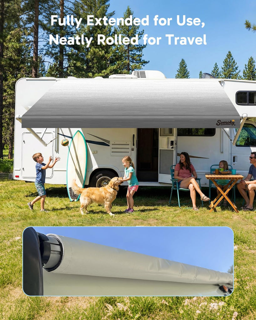 RV Awning Fabric Replacement, 19.5oz Heavy-Duty Vinyl Camper Awning, Heat-Sealed Seamless, DIY Setup, UPF 50+