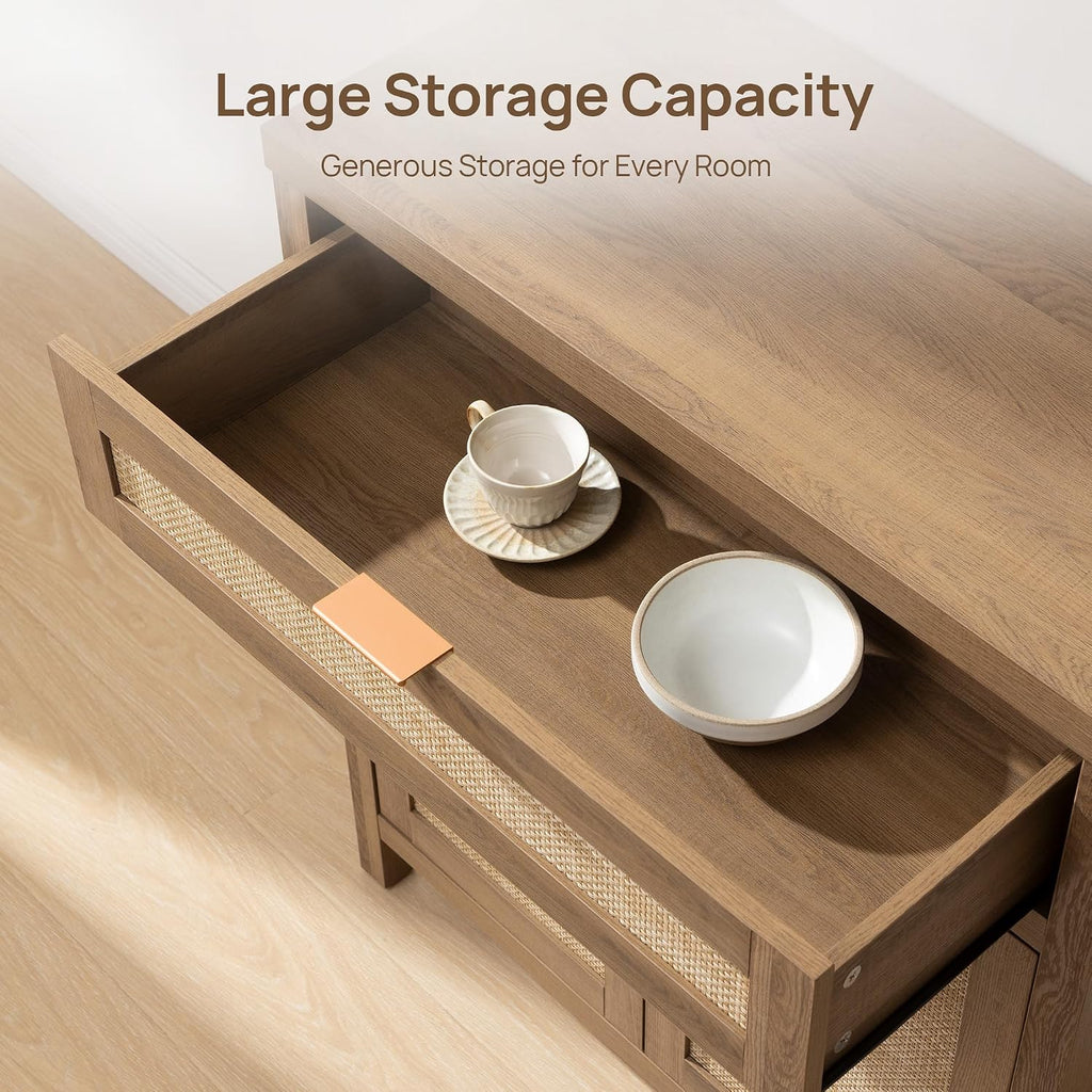 Buffet Cabinet Sideboard with Storage, Rattan Accent Cabinet | 2 Doors, a Drawer, Boho Credenzas Farmhouse Buffet
