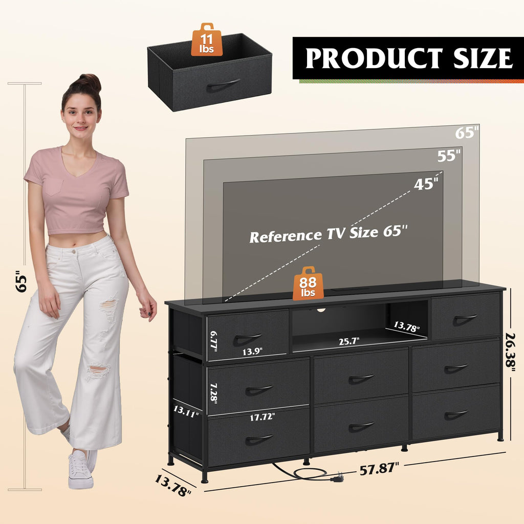 LED Dresser TV Stand for 65 Inch TV, 8 Fabric Drawers, Black Dresser