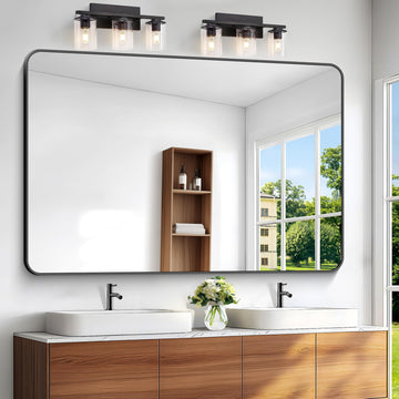 Black Bathroom Mirror, 60x40 inch Wall Mirror Wall Mounted, Rectangle Mirror Over Sink, Modern Frame Round Corner