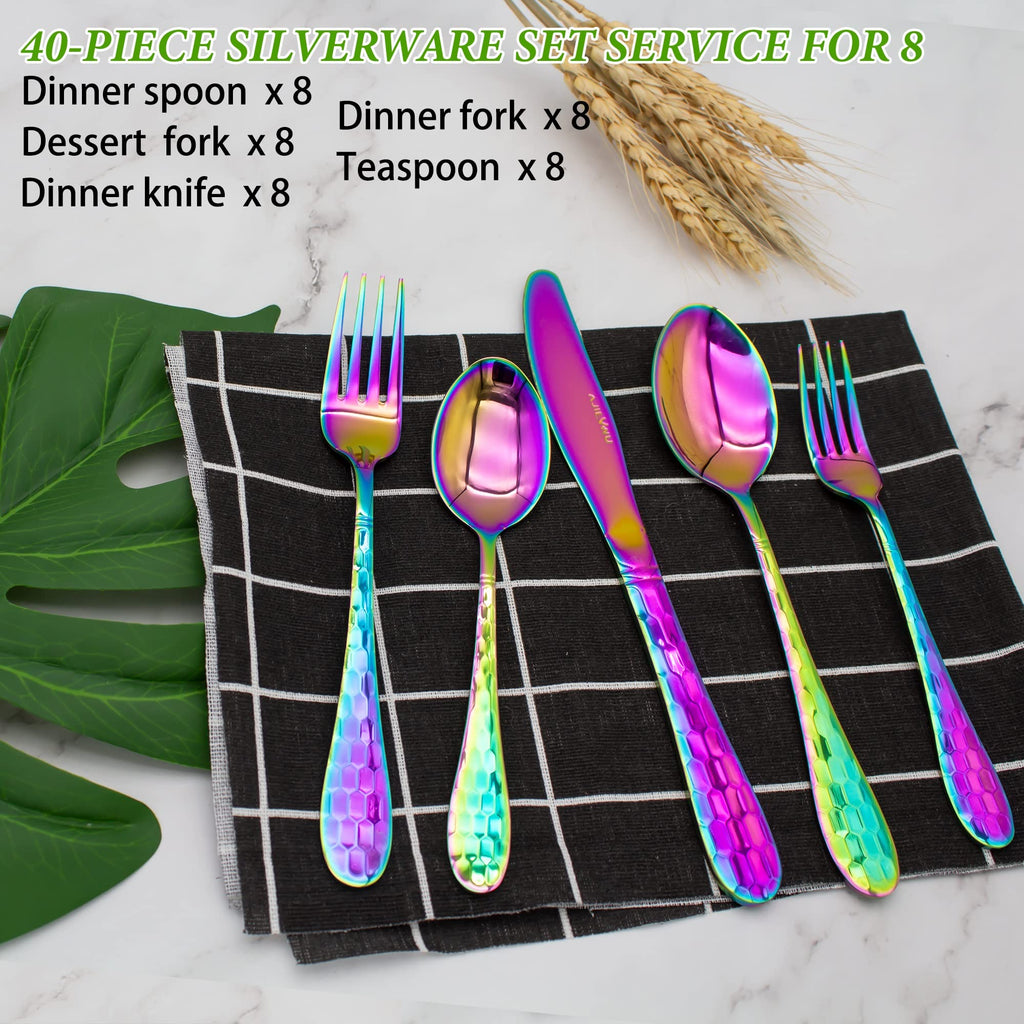 Rainbow Flatware Cutlery Silverware Set 40 Pieces, 18/10 Stainless Steel Colorful Utensils, Tableware Flatware Set