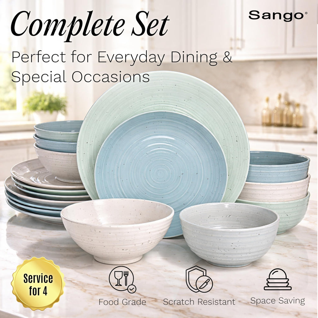 Siterra Artist's Blend 16-Piece Stoneware Dinnerware Set for 4, Green, Cream & White Glossy Dishes with Speckles