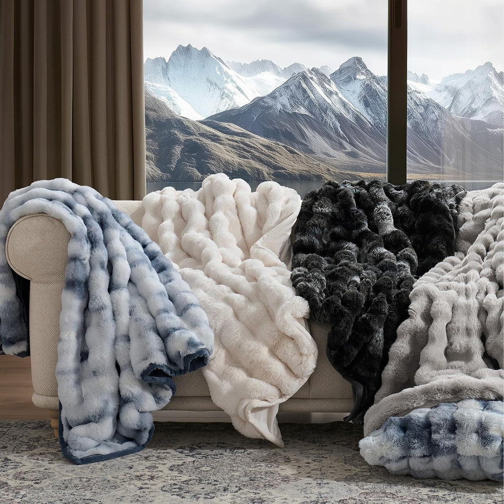 Faux Rabbit Fur Bubble Throw Blanket, 60"x80", Taupe | Ultra Soft, Luxury Faux Rabbit Fur Throw, Thick Warm Bubble