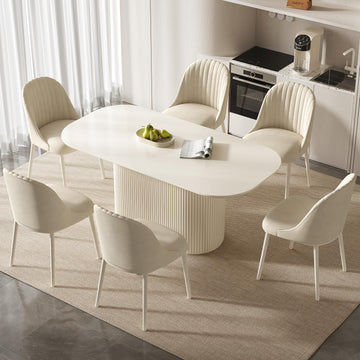 70" White Dining Table Set with 6 Chairs, Oval Kitchen Set
