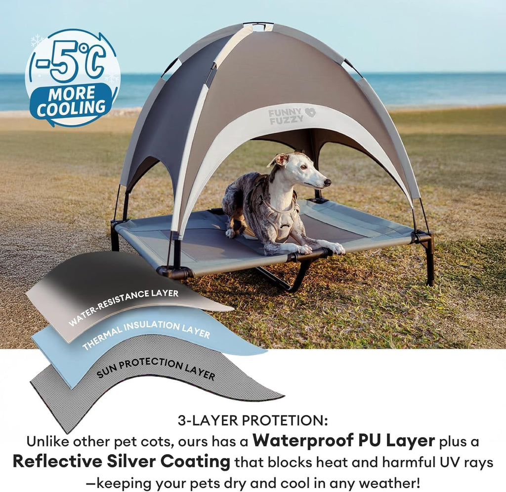 Elevated Cooling Dog Bed with Canopy(30"x24"x7") - Dog Cot Bed for Small, Medium Dogs with UV Shade, Breathable Mesh