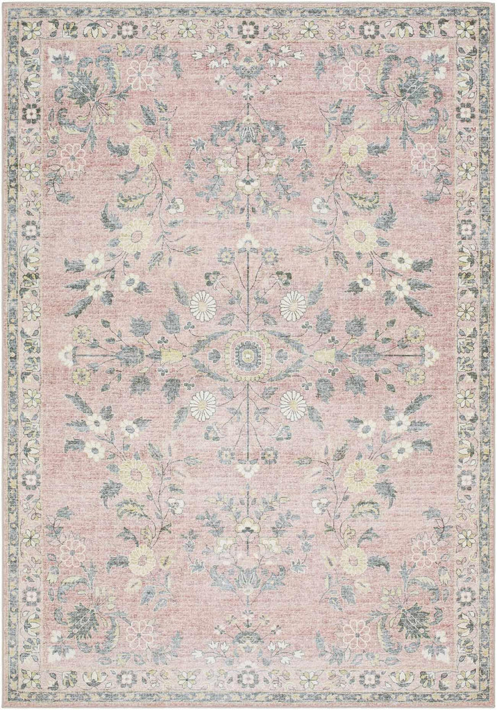 Constantine Machine Washable Area Rug - Floral Border Medallion Distressed Botanical - Traditional Oriental