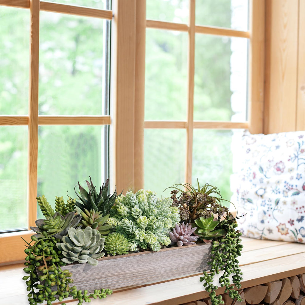 15" Artificial Succulents Plants Arrangement Fake Succulent Plants in Whitewashed Rectangular Wooden Planter Box Faux