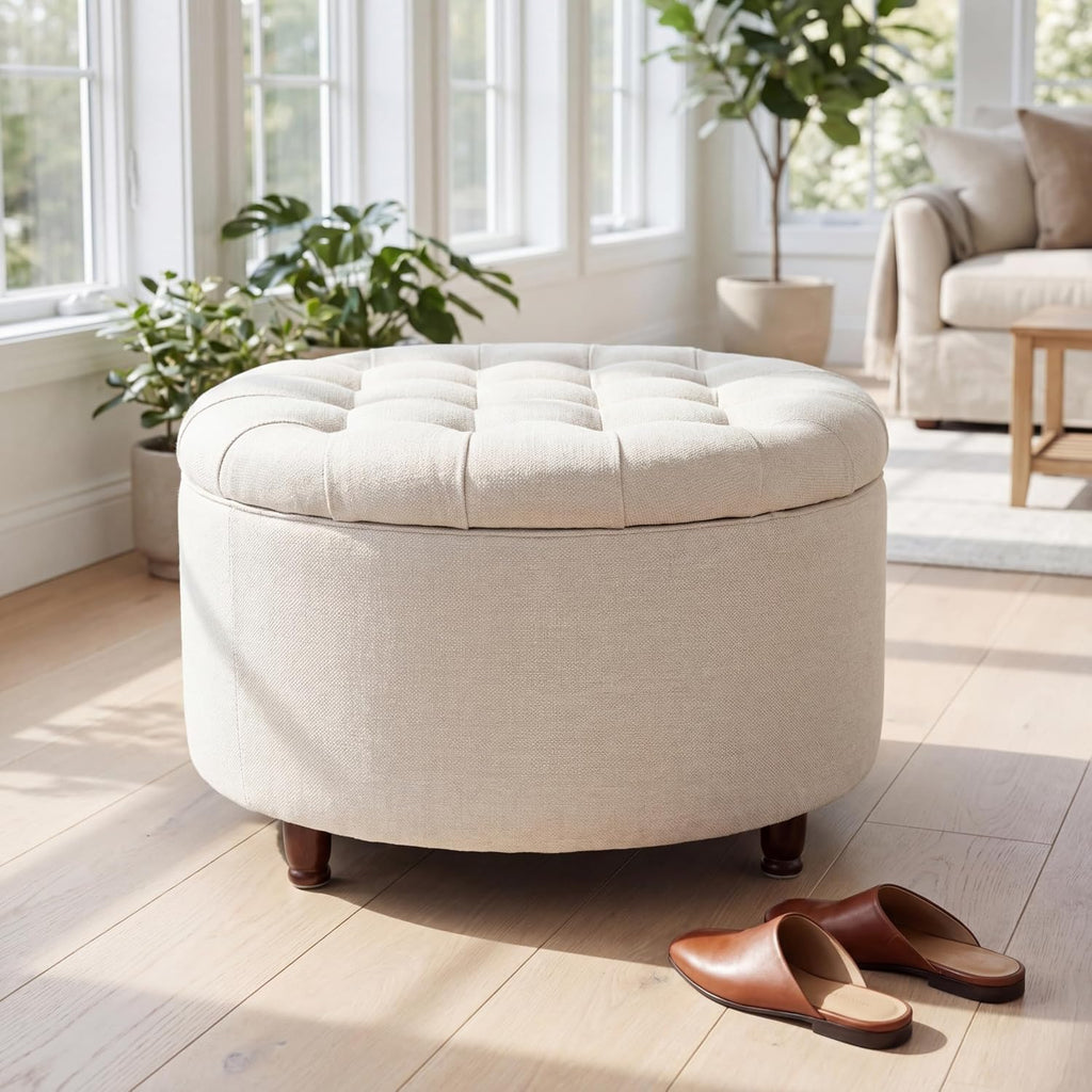 28" Round Storage Ottoman, Tufted Coffee Table ,Beige | Chenille Upholstered Footrest with Removable-Top & Wood Leg