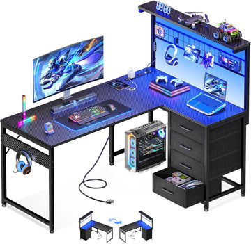 43" L Shaped Gaming Desk with Shelf & 4 Drawers, Black Carbon Fiber