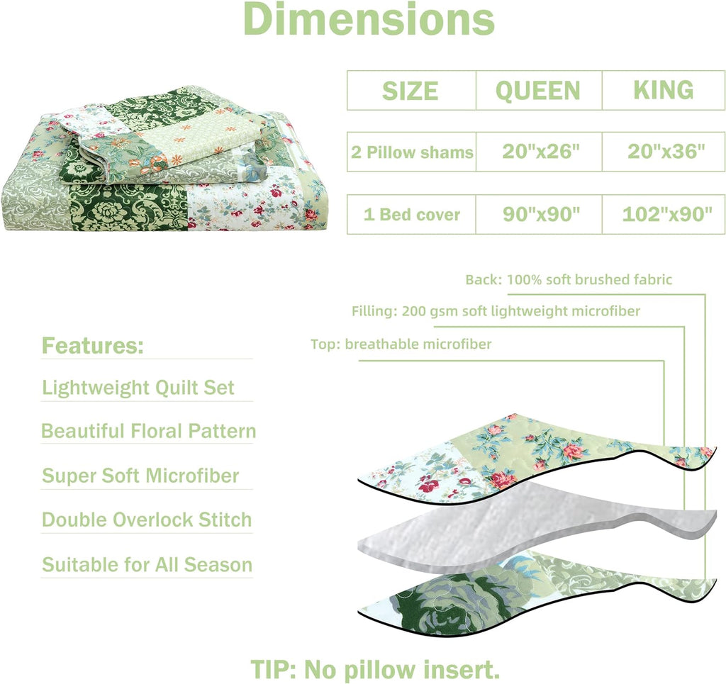 Summer Floral Queen Quilted Bedspread,Romantic Green Quilt Set,Reversible Stitched Bedding Cover All Season,Soft