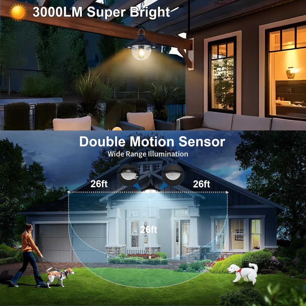 Solar Powered Shed Light Indoor Outdoor Pendant Lights with 2 Motion Sensor