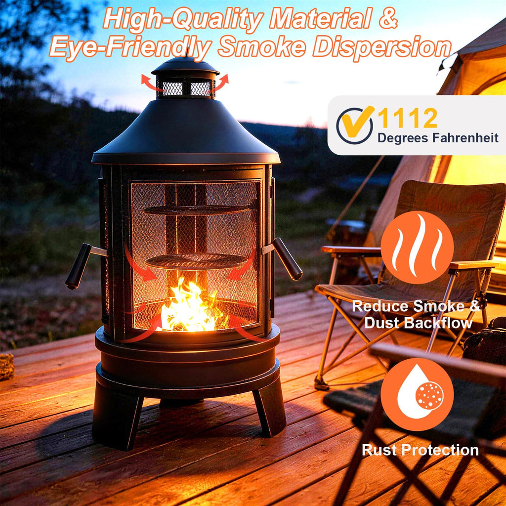 2 in 1 Metal Chimenea with Grill, Outdoor Fire Pit with Adjustable Grill Tray 3-Door Design Spark Screen Door