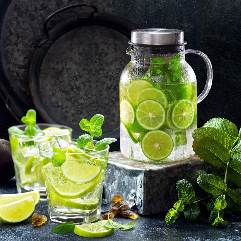 Glass Water Pitcher, Fruit Infuser Pitcher with Removable Lid, High Heat Resistance Infusion Carafe for Hot/Cold