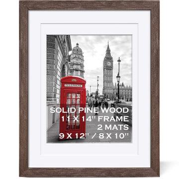 Rustic Solid Wood Distressed Brown Farmhouse Picture Frame - 11x14 with 2 Mats for Wall Mounting or Table Top