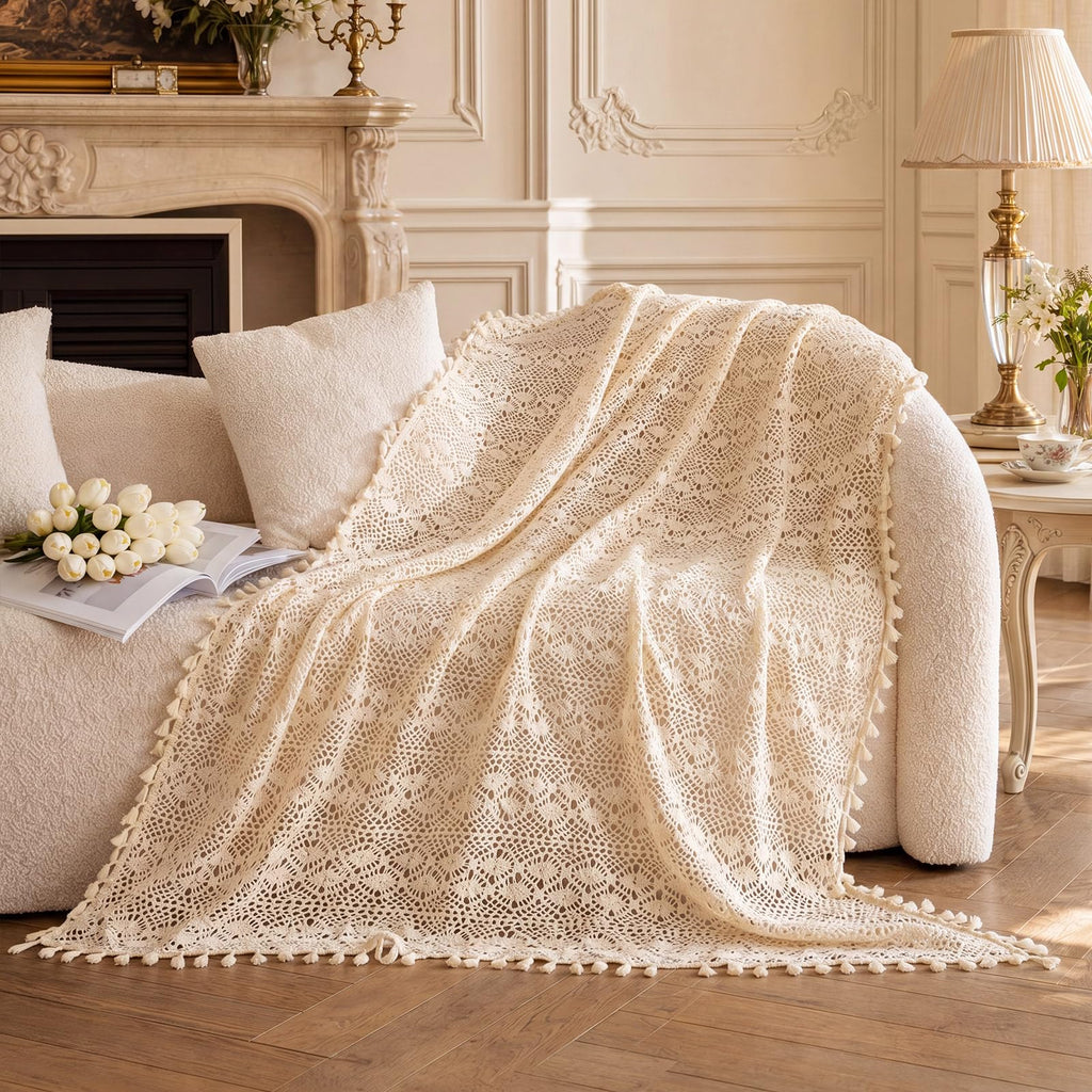 Boho Throw Blanket 50"x60", Vintage Crochet Cotton Blanket for Couch