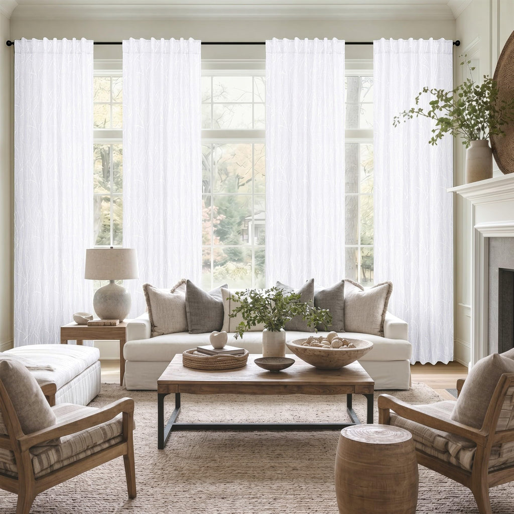 White Unique Curtains 90 Inch Length 2 Panel Back Tab Pocket Drape Damask Geometric Rustic Neutral Vintage Decorative