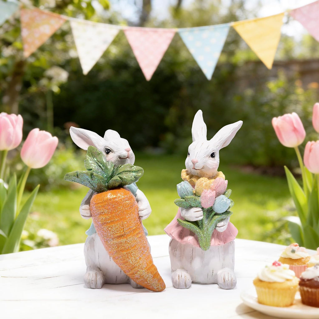 Easter Bunny Decorations Resin Rabbit Figurines with Carrot & Tulip Bouquet, Spring Indoor Decor Bedroom - Set of 2