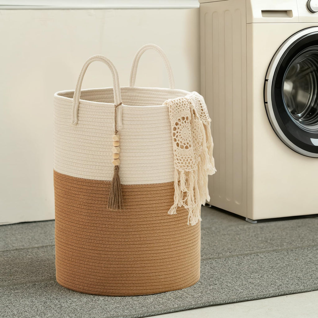 Blanket Basket 58L, Woven Laundry Hamper Tall Laundry Basket with Boho Wooden Tassels, Large Cotton Rope Storage