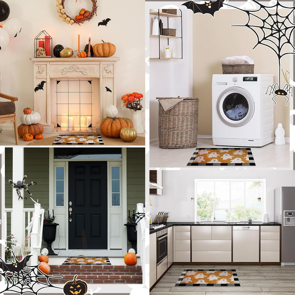 2 Pcs Halloween Fall Welcome Mat Buffalo Plaid Porch Decor | Ghost Layered Design, Non-slip Rug for Front Door