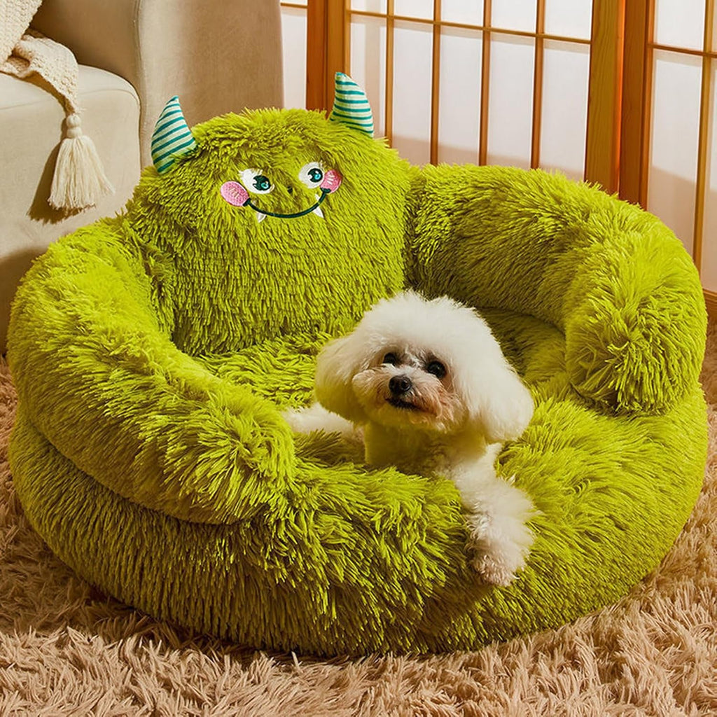 Large Dog Bed with Plush Monster Toy, Green Fluffy Round Pet Bed for Medium to Large Dogs