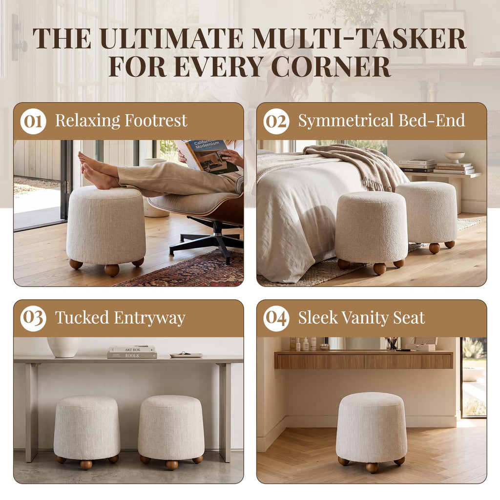 Round Ottoman Linen Foot Stool with Rubberwood Legs