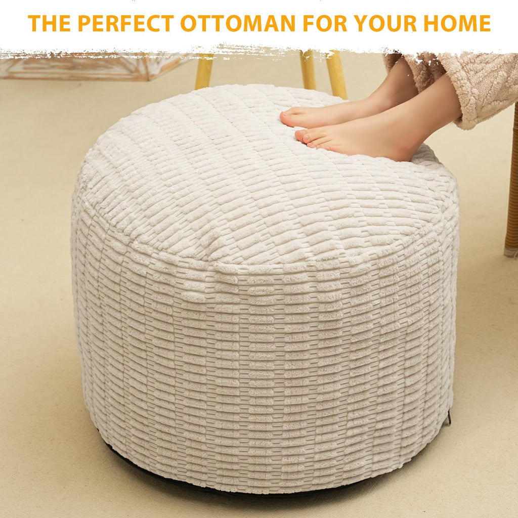 Round Stuffed Pouf Ottoman for Foot Rest 26" X 18" Faux Fur Poufs, Beige