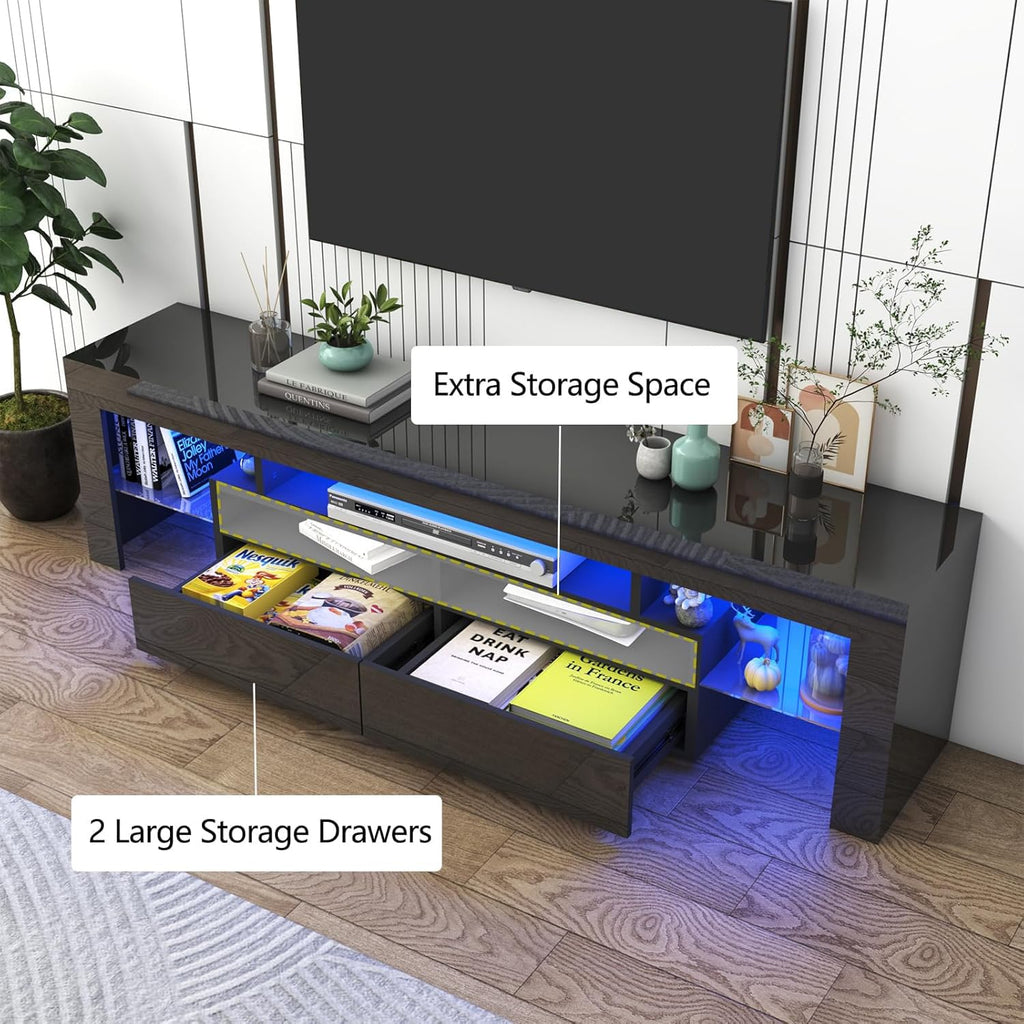 70in LED for 75/80/85 inch TV, Modern Black TV Stands, High Gloss TV Entertainment Center with 2 Large Storage