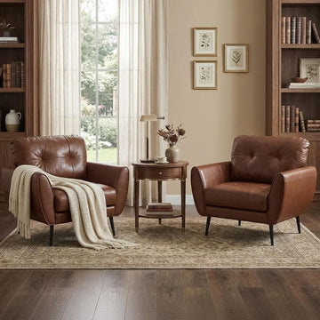 Brown Leather Accent Chairs, Tufted Reading Chairs - Set of 2