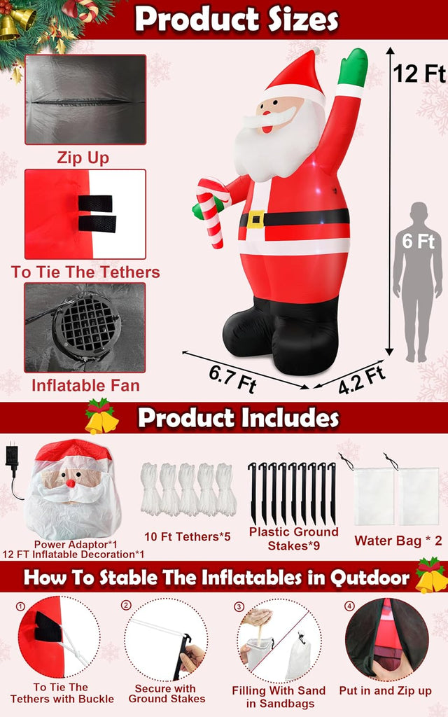 12 Ft by 6.7 Ft Giant Christmas Inflatables Santa Claus Outdoor Decorations
