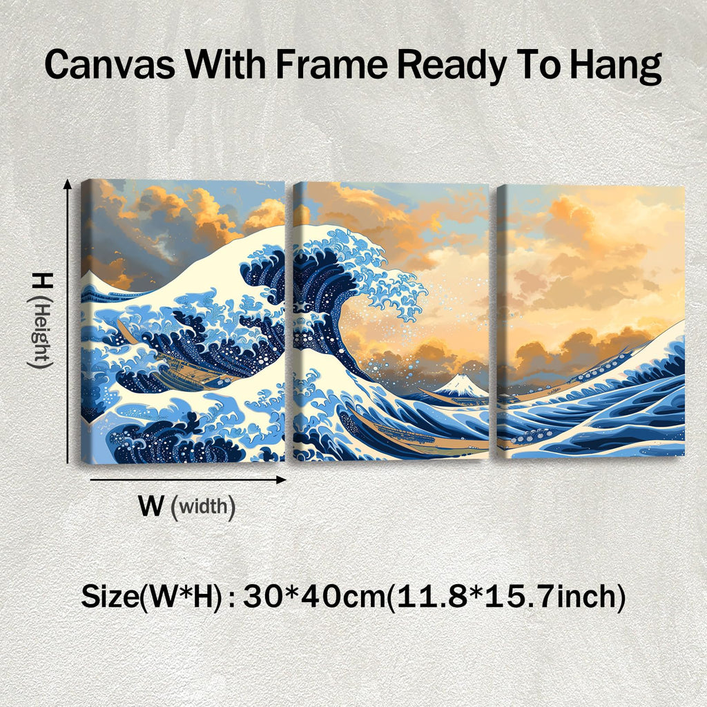 3Pc Great Wave Off Kanagawa Framed Canvas Wall Art, 12x16in
