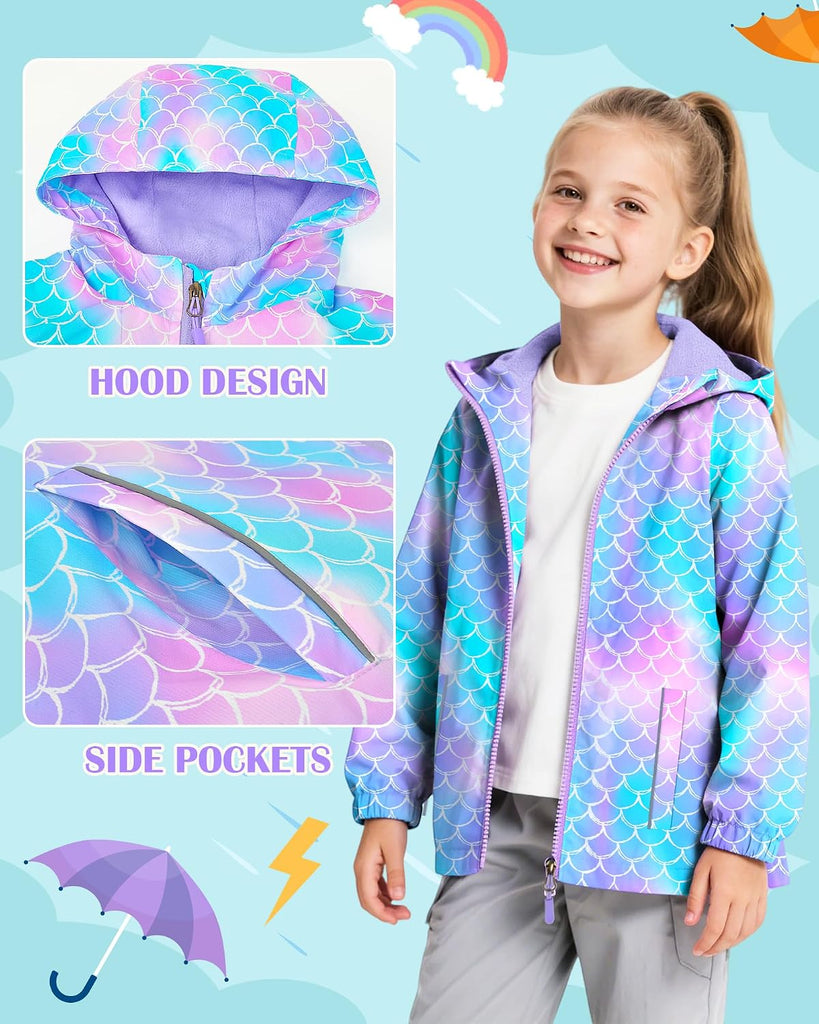 Girls Rain Jacket Waterproof Hooded Fleece Lined Raincoat Lightweight Windbreakers Kids Toddler Girls Spring Jacket