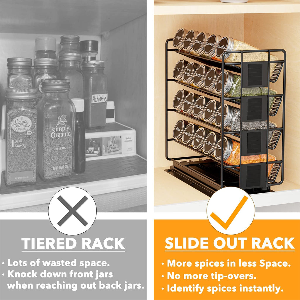Pull Out Spice Rack Organizer with 20 Jars, Heavy Duty Slide Out Seasoning Organizer Cabinets, with 801 Labels