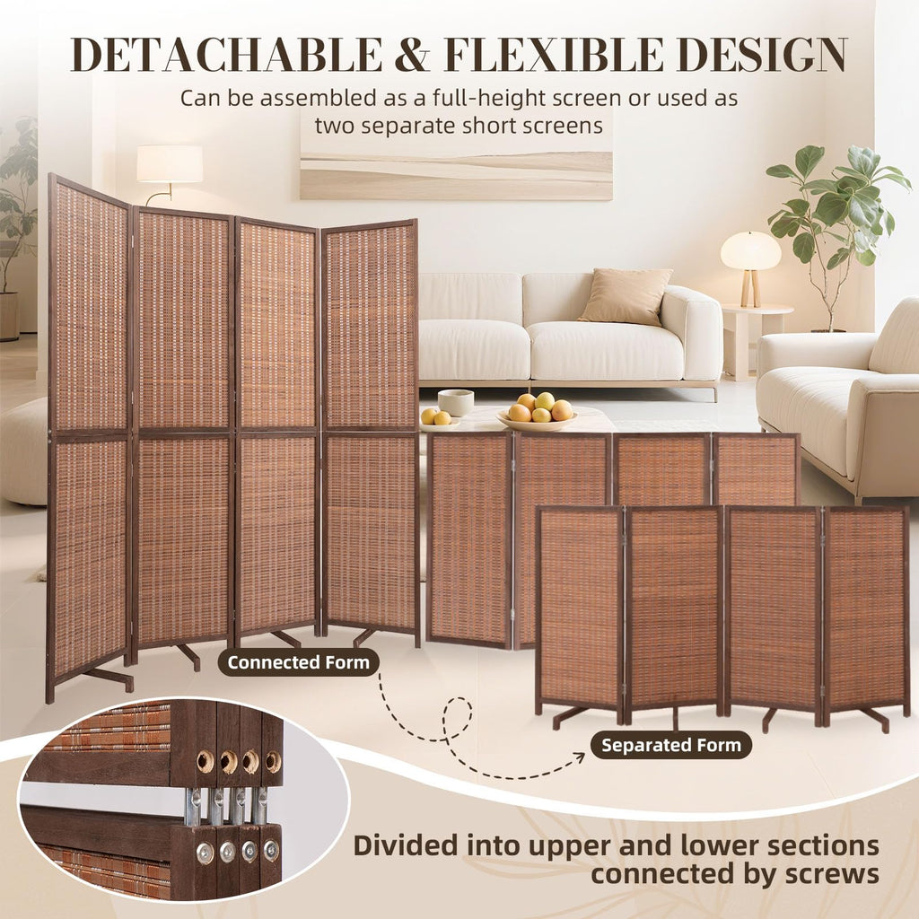 Bamboo Room Divider 67"4 Panel, Wooden Frame Freestanding Wall Divider, Brown