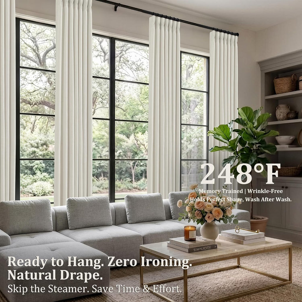 Pinch Pleated Linen Curtains 90 Inch, 2 Panels Premium 400GSM Memory Trained Semi Sheer Light Filtering Window Drapes