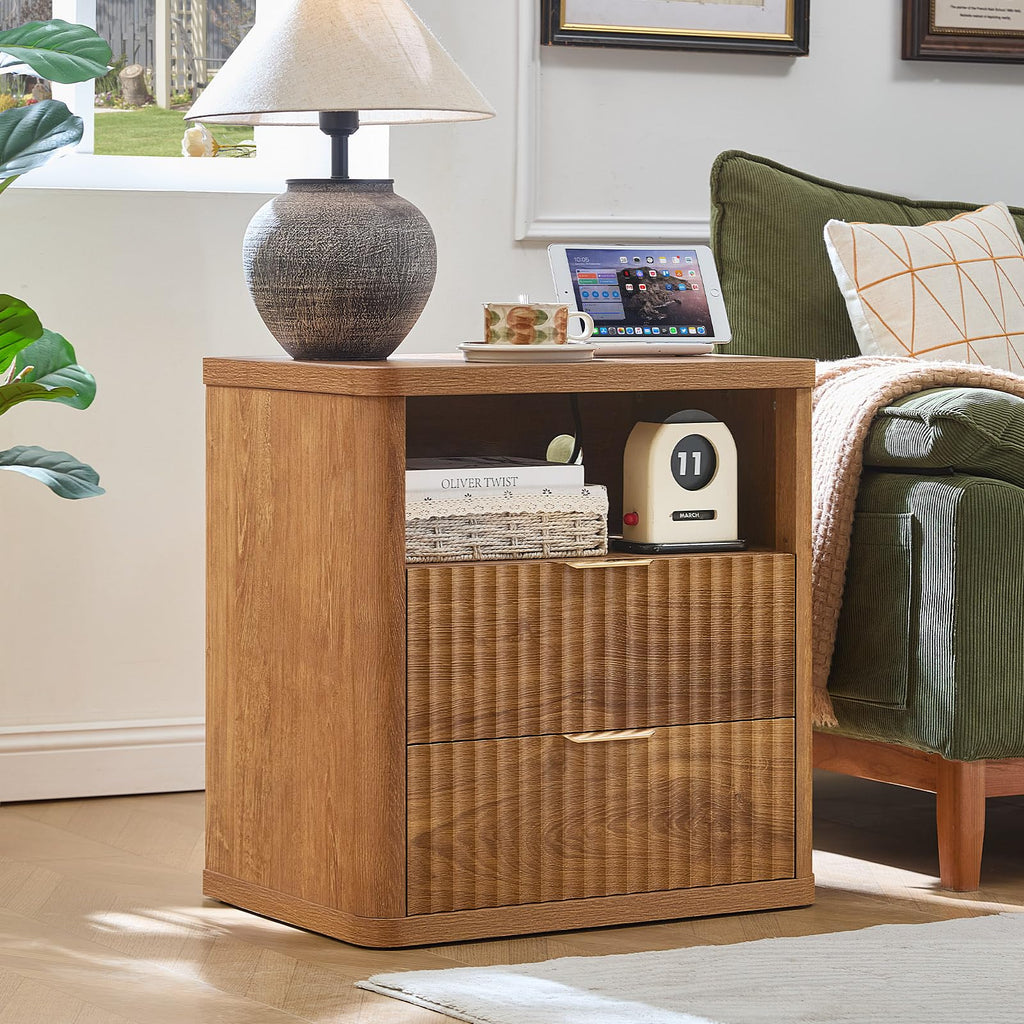 Fluted Farmhouse Nightstand Set of 2 with Charging Station, 23" Wide 2 Drawers End Table, Brown Dresser, Bed Side
