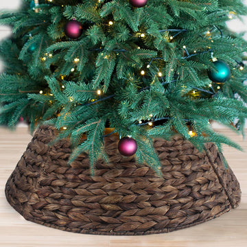 Christmas Tree Collar, 24'' Water Hyacinth Tree Collar, Woven Tree Collar with Cord Cut-Out, Rattan Wicker Tree Skirt