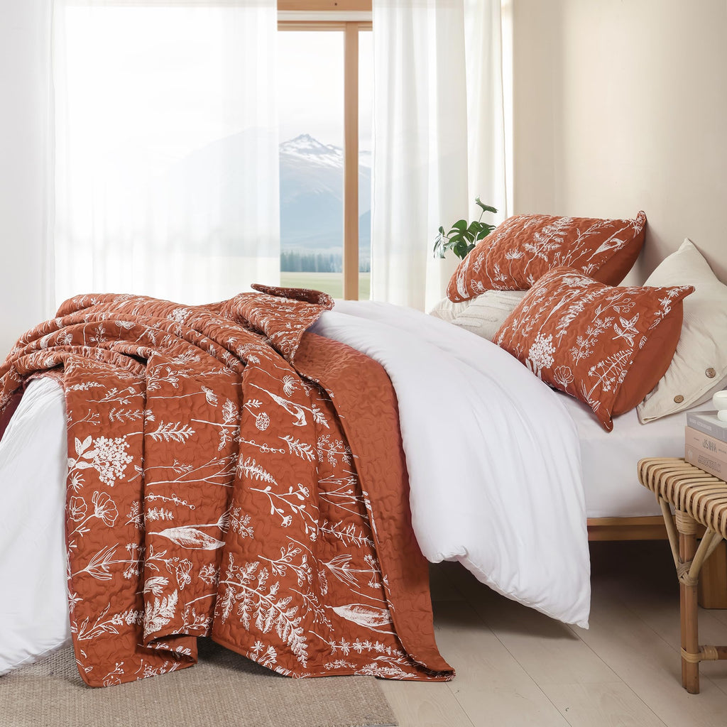 Quilts Floral Bed Spread Terracotta Quilts with Botanical Pattern Burnt Orange Microfiber