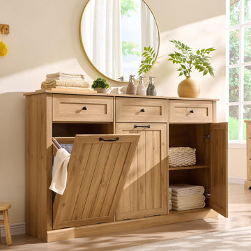 Triple Tilt Out Laundry Hamper Cabinet, Trash Cabinet, Natural