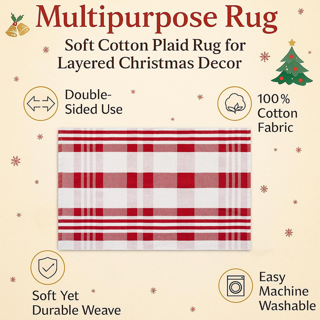 Christmas Door Mat Combo Set - 100% Coco Coir Welcome Mat + 28 x 43 Inch Red and White Diagonal Plaid Rug, Christmas