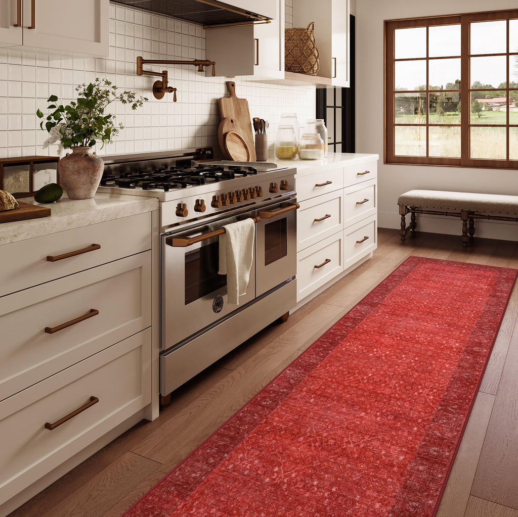 Red Kitchen Runner Rugs Non Skid Washable, Long Hallway Runner Rug 8 Ft, Ultra-Thin Vintage Red Carpet Runner