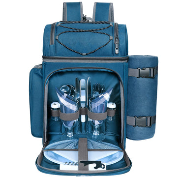 Picnic Basket Backpack for 2 Person with Insulated Leak Proof Cooler Compartment, Wine Holder, Fleece Blanket, Cutlery